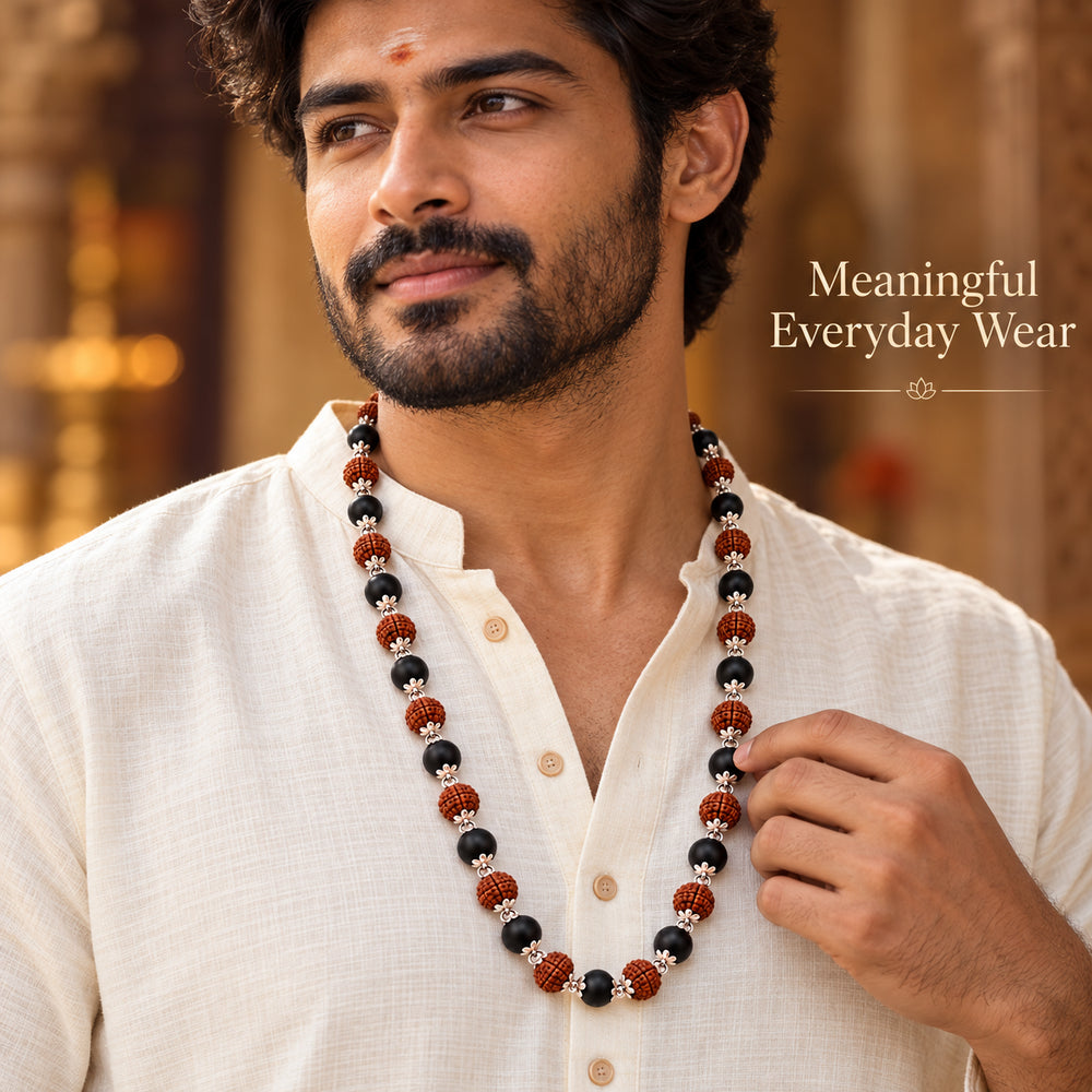 Karungali Rudraksha Mala (Silver Tone)