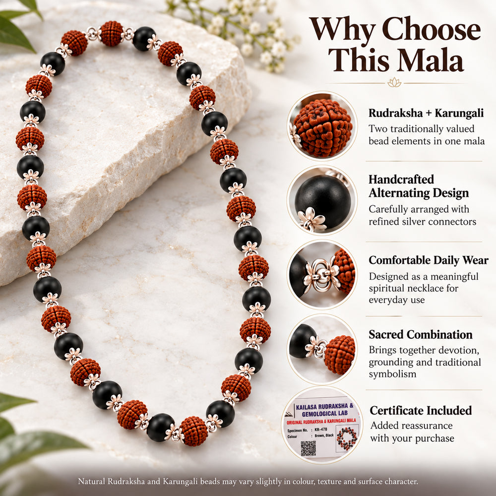 Karungali Rudraksha Mala (Silver Tone)