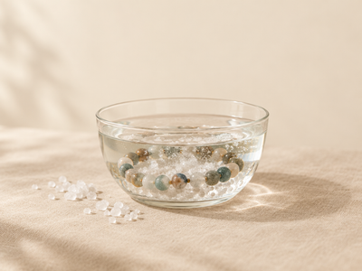 Gemstone bracelet soaking in a glass bowl of saltwater