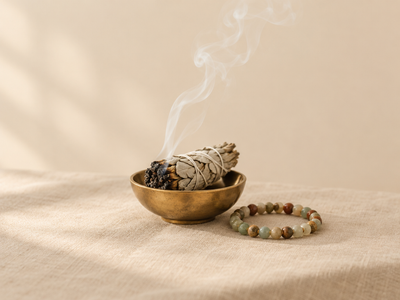 Sage smudging beside a gemstone bracelet