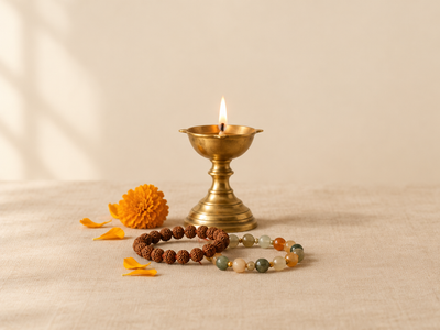 Lit brass diya with rudraksha and gemstone bracelets