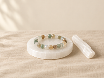 Gemstone bracelet charging on a selenite plate