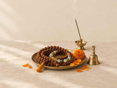 Rudraksha mala on a brass plate with marigold, bell and incense