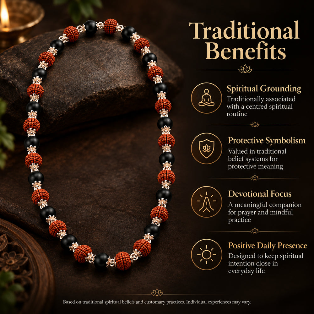 Karungali Rudraksha Mala (Silver Tone)