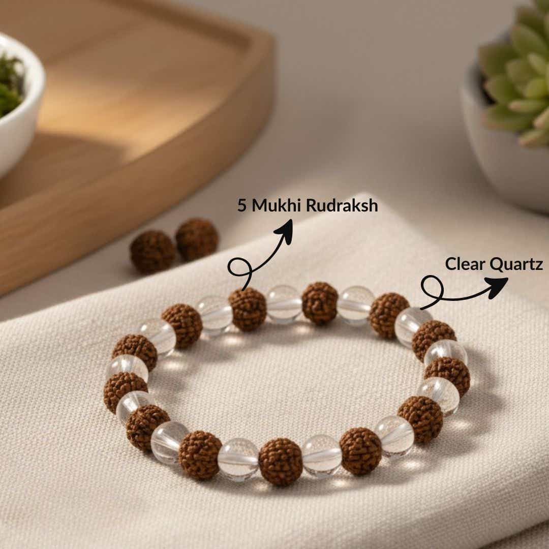 Panchmukhi Rudraksha and clear quartz bracelet