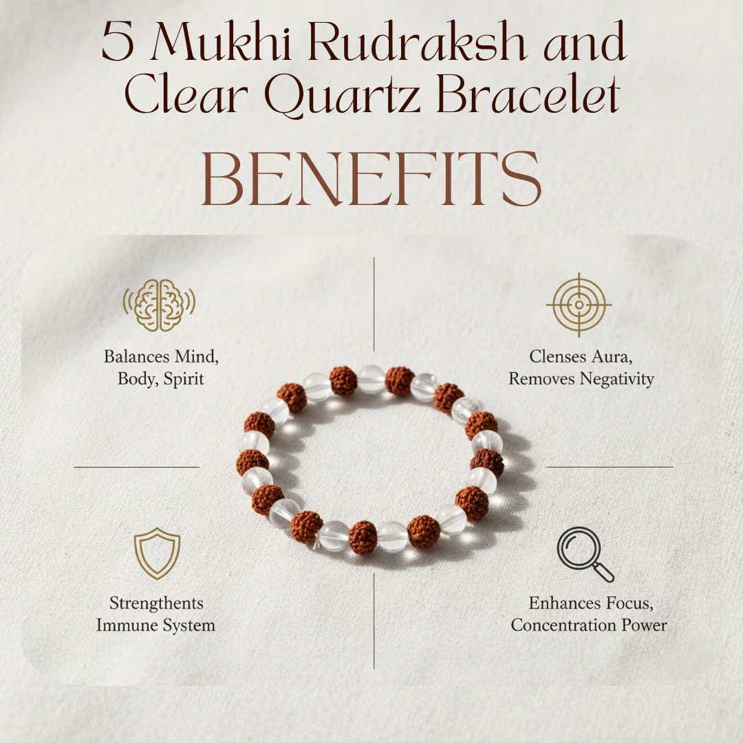 Bracelet with rudraksh beads and clear quartz on a light background with text about benefits.
