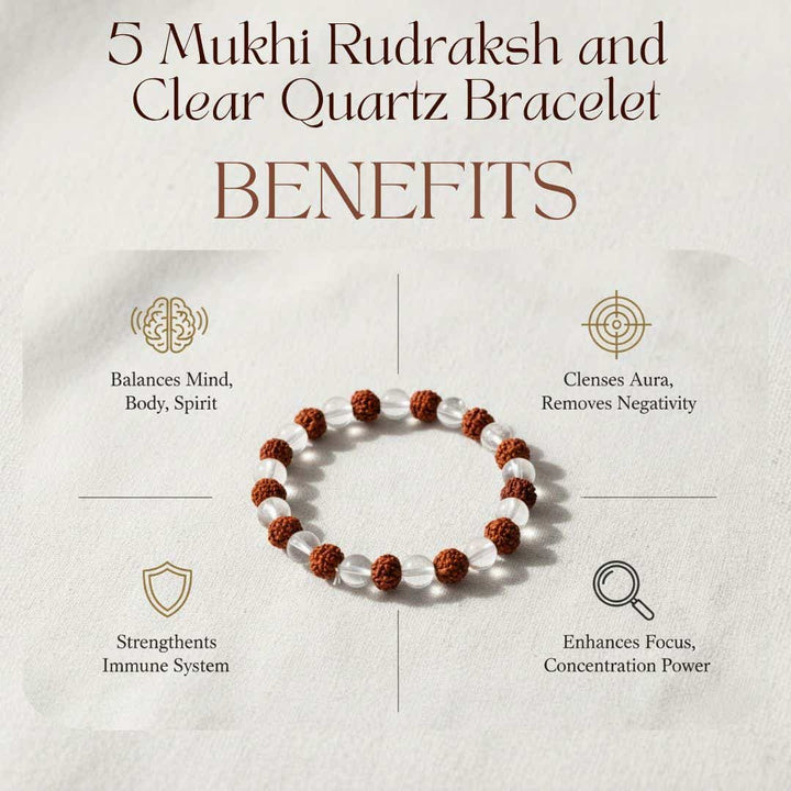 Bracelet with rudraksh beads and clear quartz on a light background with text about benefits.