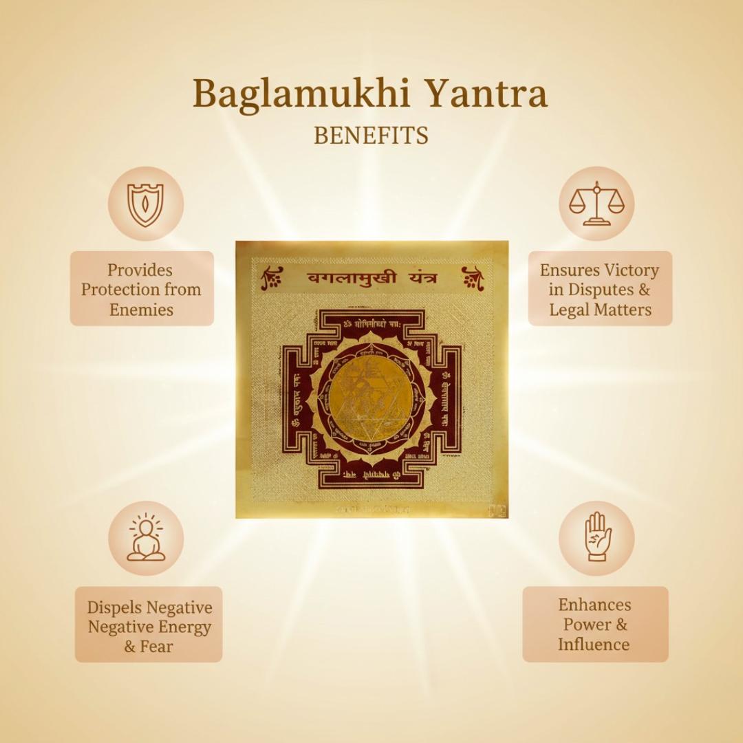Baglamukhi Yantra with its benefits on a beige background