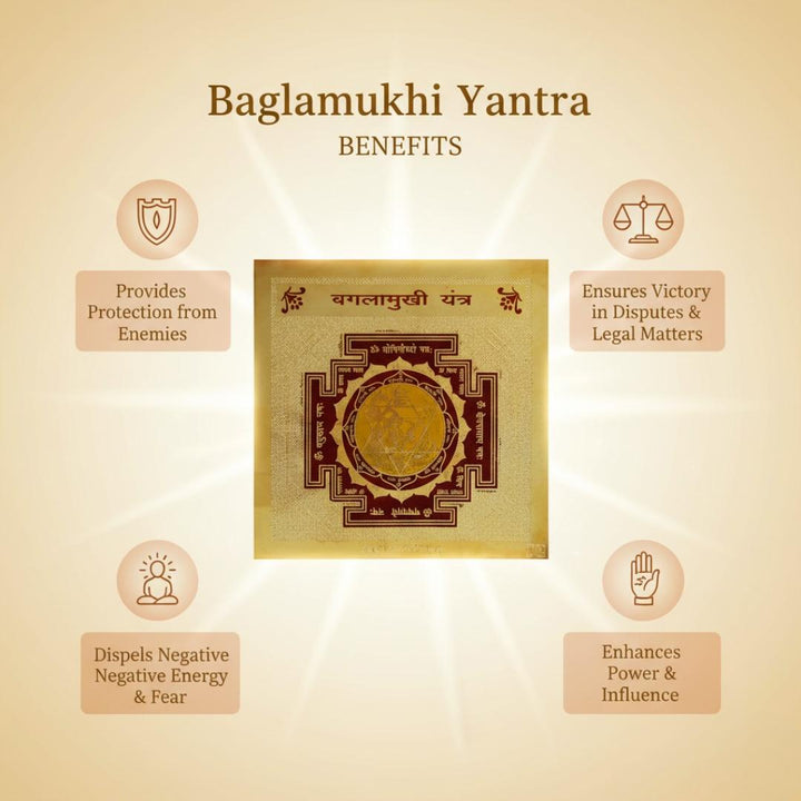 Baglamukhi Yantra with its benefits on a beige background