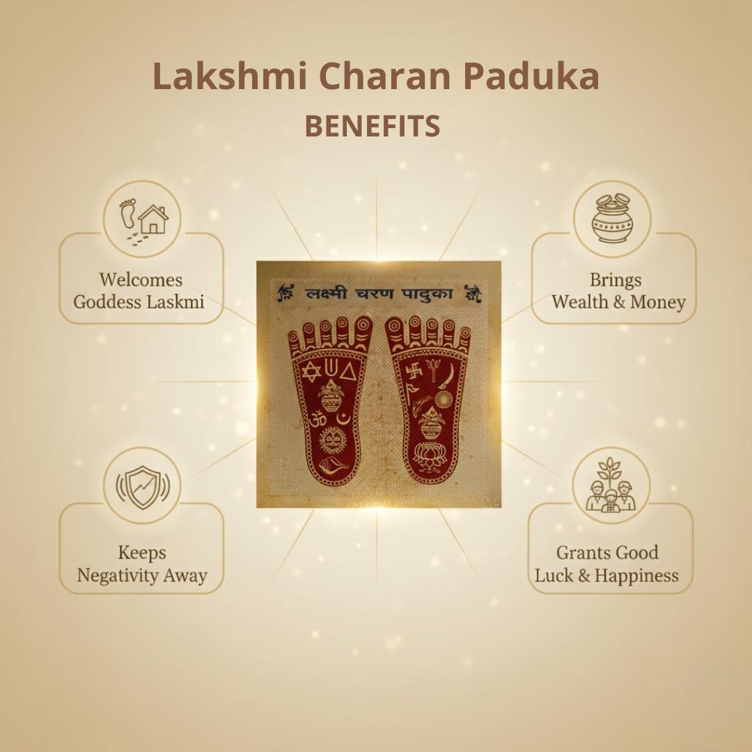 Lakshmi Charan Paduka with its benefits on a beige background