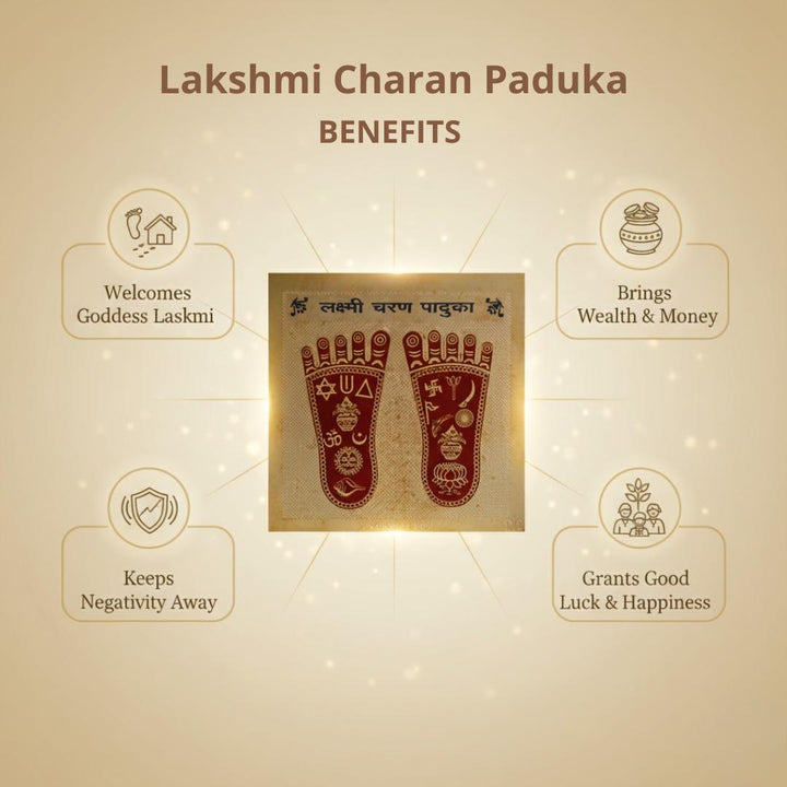 Lakshmi Charan Paduka with its benefits on a beige background
