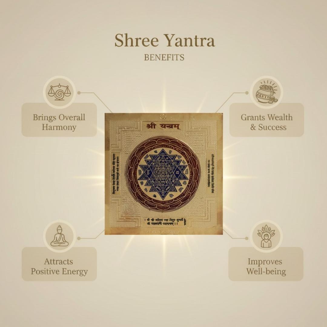 Shree Yantra with its benefits on a beige background