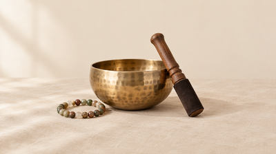 Brass singing bowl beside a gemstone bracelet